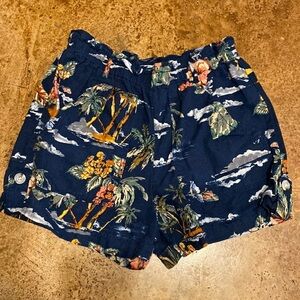 TIME and Tru navy blue Hawaiian print linen cuffed‎ shorts